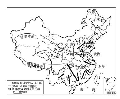 材料1:"1949年以来我国国内人口迁移的主要流向图".