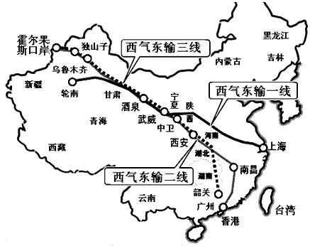 "西气东输三线"工程主供气源来自中亚三国.读图西气东