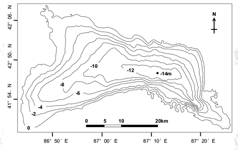 下图是博斯腾湖等深线图.关于博斯腾湖的叙述,正确的是a.湖水主