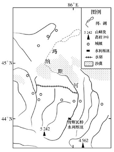 据此完成下列各玛纳斯河玛纳斯河流域玛纳斯河流域示意图玛纳斯河流域