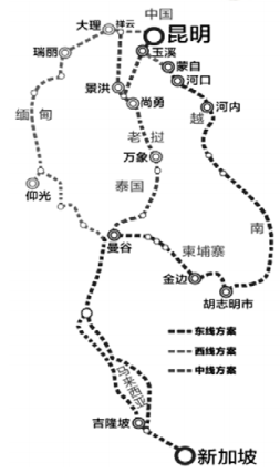 【小题1】中泰铁路是泛亚铁路网(见上图)的重要组成部分,该铁路的修建