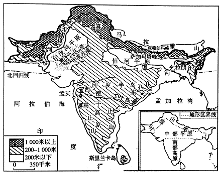 【推荐2】图为南亚地形图,读图并结合表1数据回答下列问题.