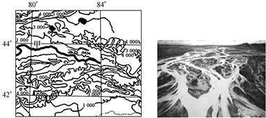 天山西段地区等高线的分布图(左图)及伊犁河(左图中甲河)下游辫状水系