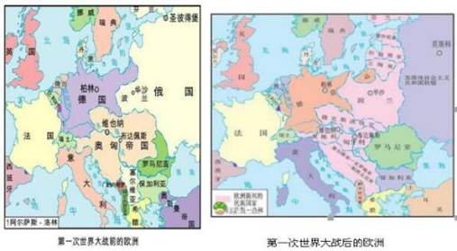 下图是第一次世界大战前后的欧洲疆域变化图.导致这些