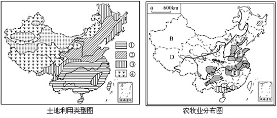 读中国土地资源利用类型分布略图(左图)和中国人口,人均耕地变化示意