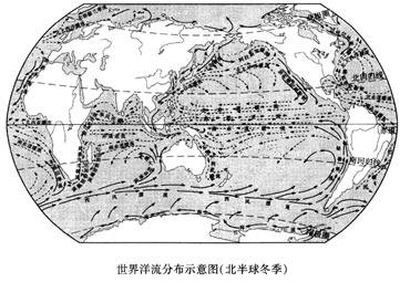 读"世界洋流分布示意图(北半球冬季)",回答下列问题.