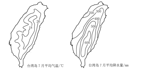祖国宝岛台湾岛7月盛行西南季风,水热资源丰富.