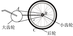 如图所示,自行车的大齿轮,小齿轮,后轮的半径不一样,它们的边缘有三个