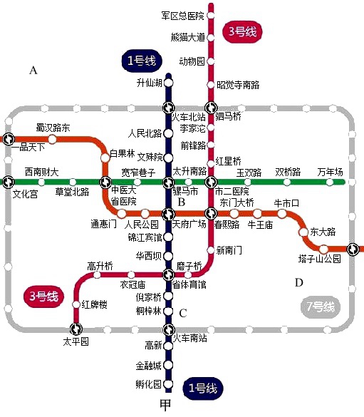 下图图甲是成都地铁线分布图图乙是该城市某地铁站一天中部分时段进出