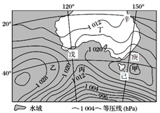 甲图为中纬度某地区近地面等压线分布示意图,且图示天气系统沿顺时针