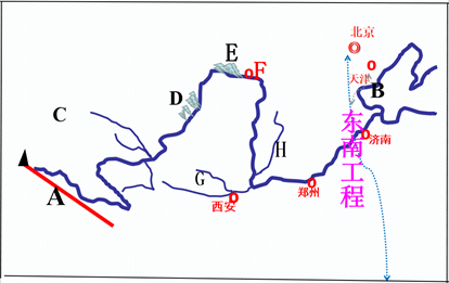 圖甲是我國局部山河分佈示意圖,圖乙為黃河和珠江流域面積,年徑流量