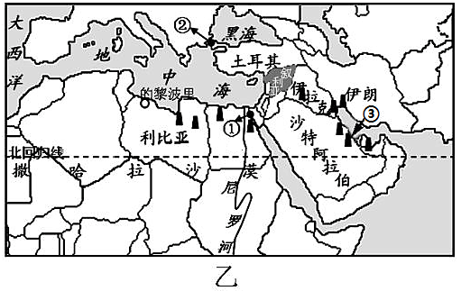 读西亚石油分布和输出路线图,将所经过的地名填入空格.
