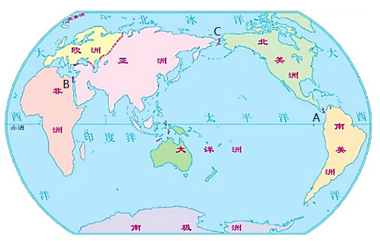 读世界海陆分布图,回答问题